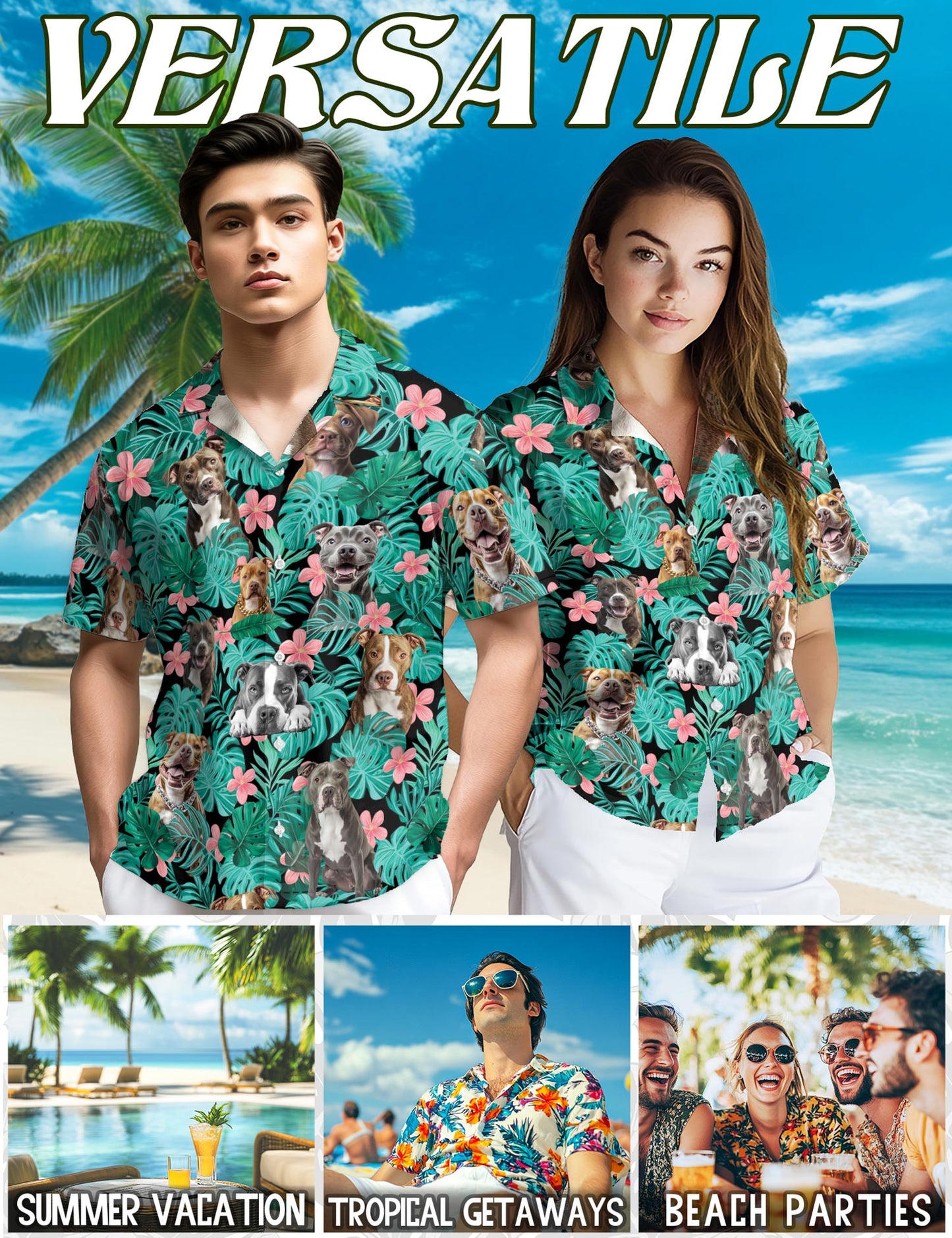 Netecom Pitbull Hibiscus Hawaiian Shirt for Men, Tropical Style, Button Down Summer Beach Short Sleeve, S-5XL