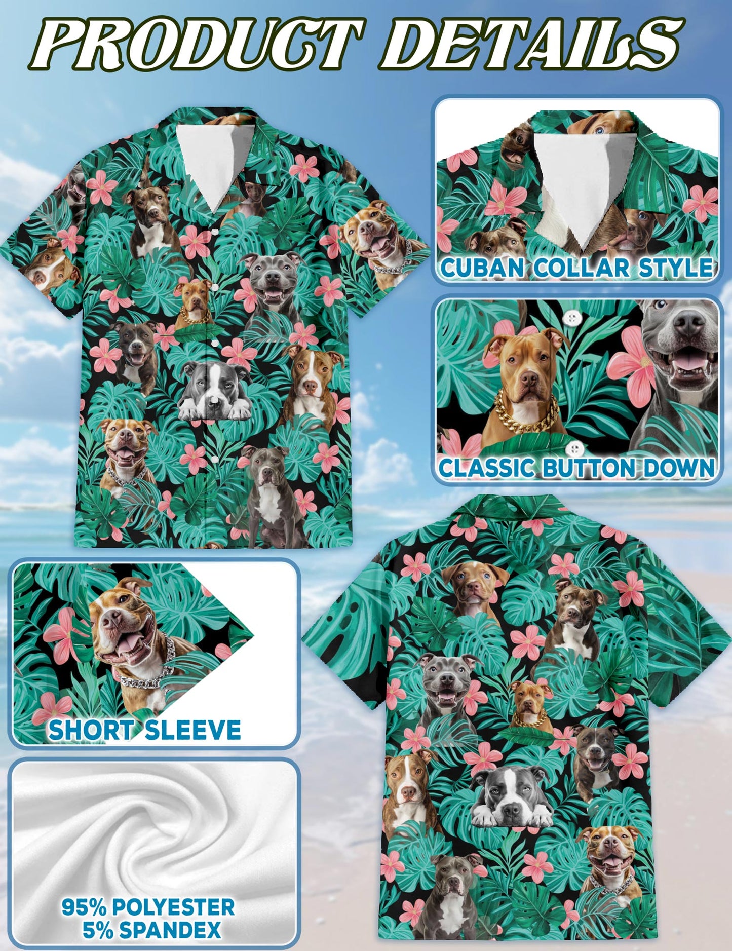 Netecom Pitbull Hibiscus Hawaiian Shirt for Men, Tropical Style, Button Down Summer Beach Short Sleeve, S-5XL