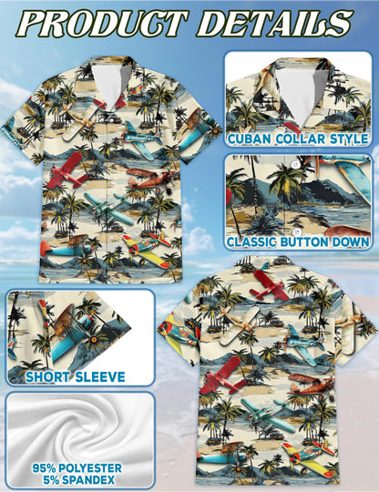 Netecom Planes and Coconut Hawaiian Shirt for Men, Tropical Style, Button Down Summer Beach Short Sleeve, S-5XL