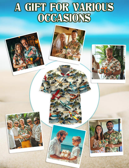 Netecom Planes and Coconut Hawaiian Shirt for Men, Tropical Style, Button Down Summer Beach Short Sleeve, S-5XL