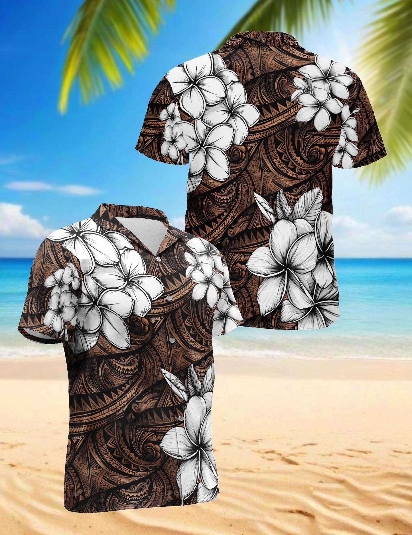 Netecom Plumeria Tribe Hawaiian Shirt for Men, Tropical Style, Button Down Summer Beach Short Sleeve, S-5XL