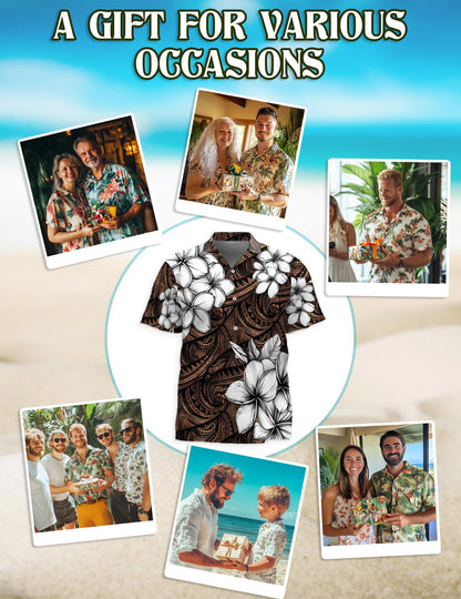 Netecom Plumeria Tribe Hawaiian Shirt for Men, Tropical Style, Button Down Summer Beach Short Sleeve, S-5XL