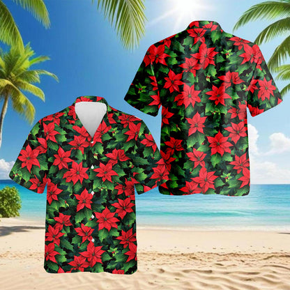 Netecom Poinsettia Pattern Hawaiian Shirt for Men, Button Down Summer Beach Short Sleeve, Tropical Style, Sizes S-5XL