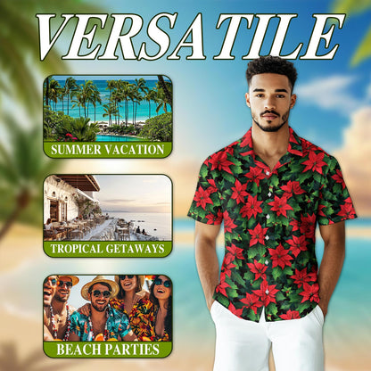 Netecom Poinsettia Pattern Hawaiian Shirt for Men, Button Down Summer Beach Short Sleeve, Tropical Style, Sizes S-5XL