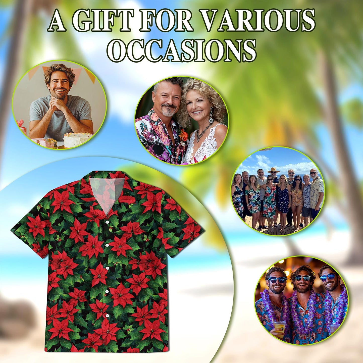 Netecom Poinsettia Pattern Hawaiian Shirt for Men, Button Down Summer Beach Short Sleeve, Tropical Style, Sizes S-5XL