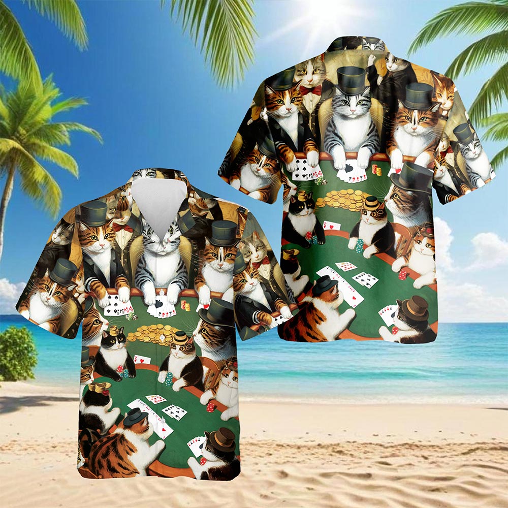 Netecom Poker Cat Hawaiian Shirt for Men, Funny Gambling Style, Button Down Summer Beach Short Sleeve, S-5XL