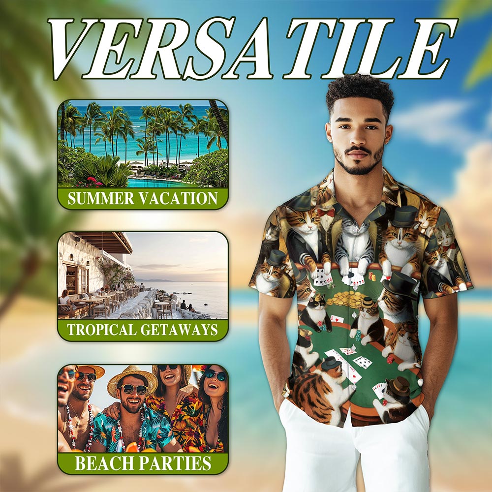 Netecom Poker Cat Hawaiian Shirt for Men, Funny Gambling Style, Button Down Summer Beach Short Sleeve, S-5XL