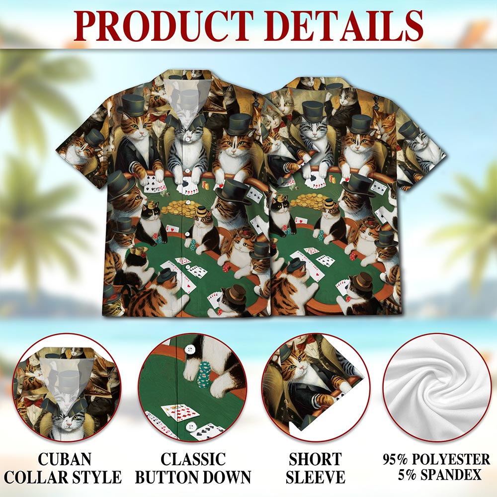 Netecom Poker Cat Hawaiian Shirt for Men, Funny Gambling Style, Button Down Summer Beach Short Sleeve, S-5XL