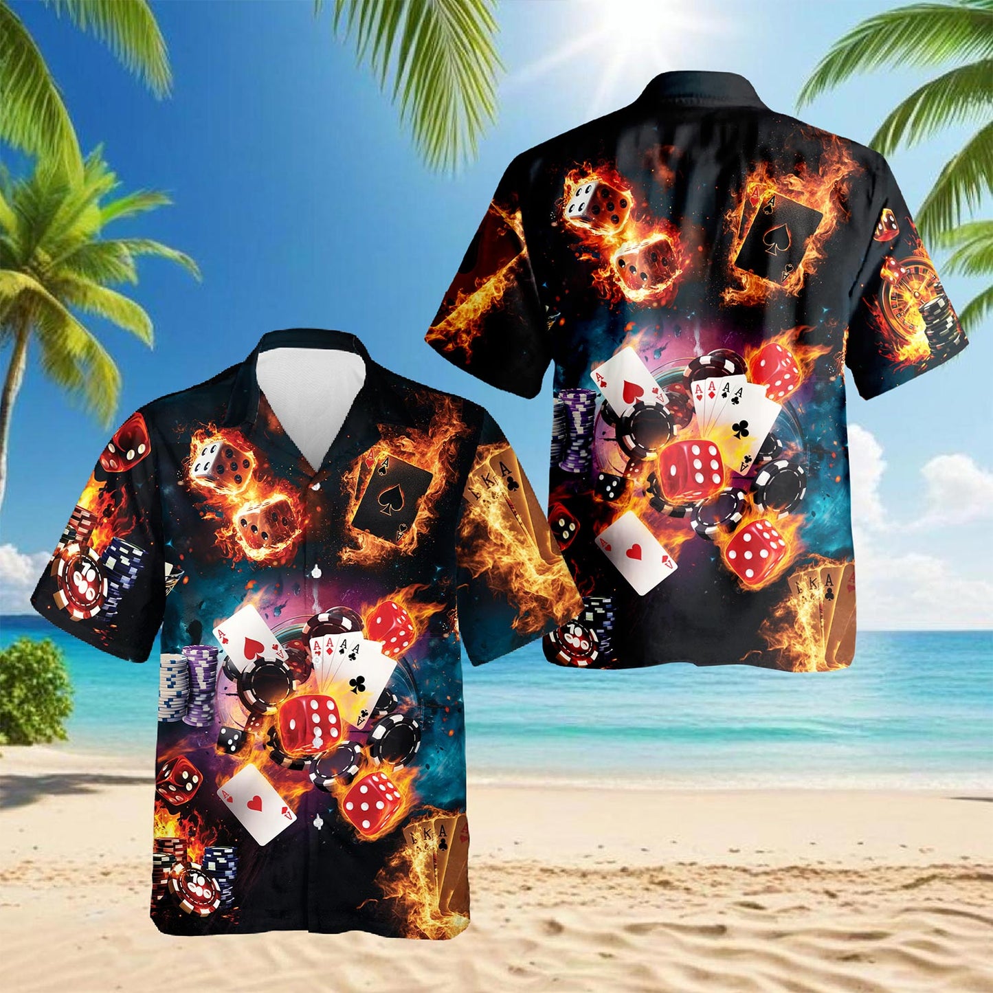 Netecom Poker Fire Hawaiian Shirt for Men, Button Down Summer Beach Short Sleeve, S-5XL