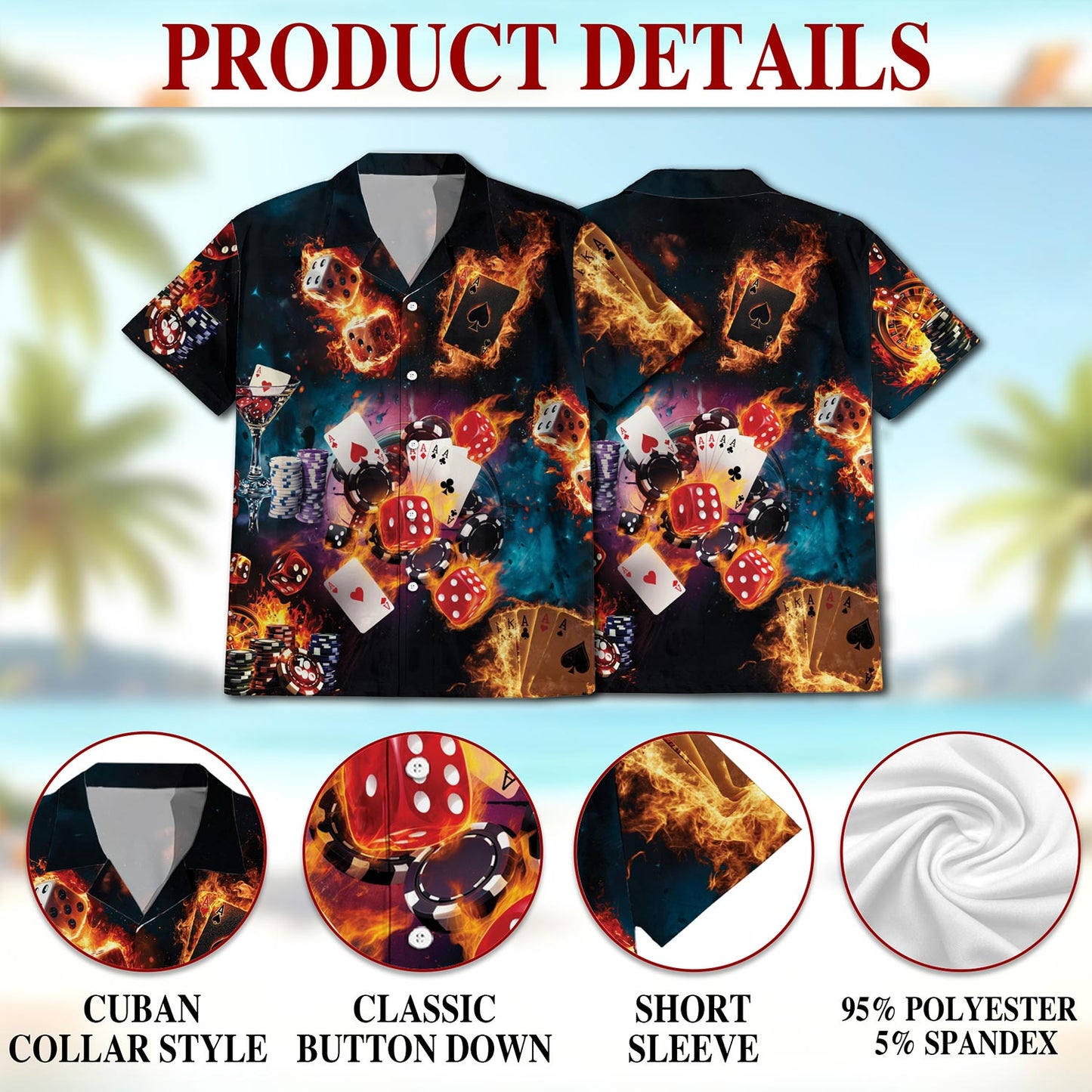 Netecom Poker Fire Hawaiian Shirt for Men, Button Down Summer Beach Short Sleeve, S-5XL