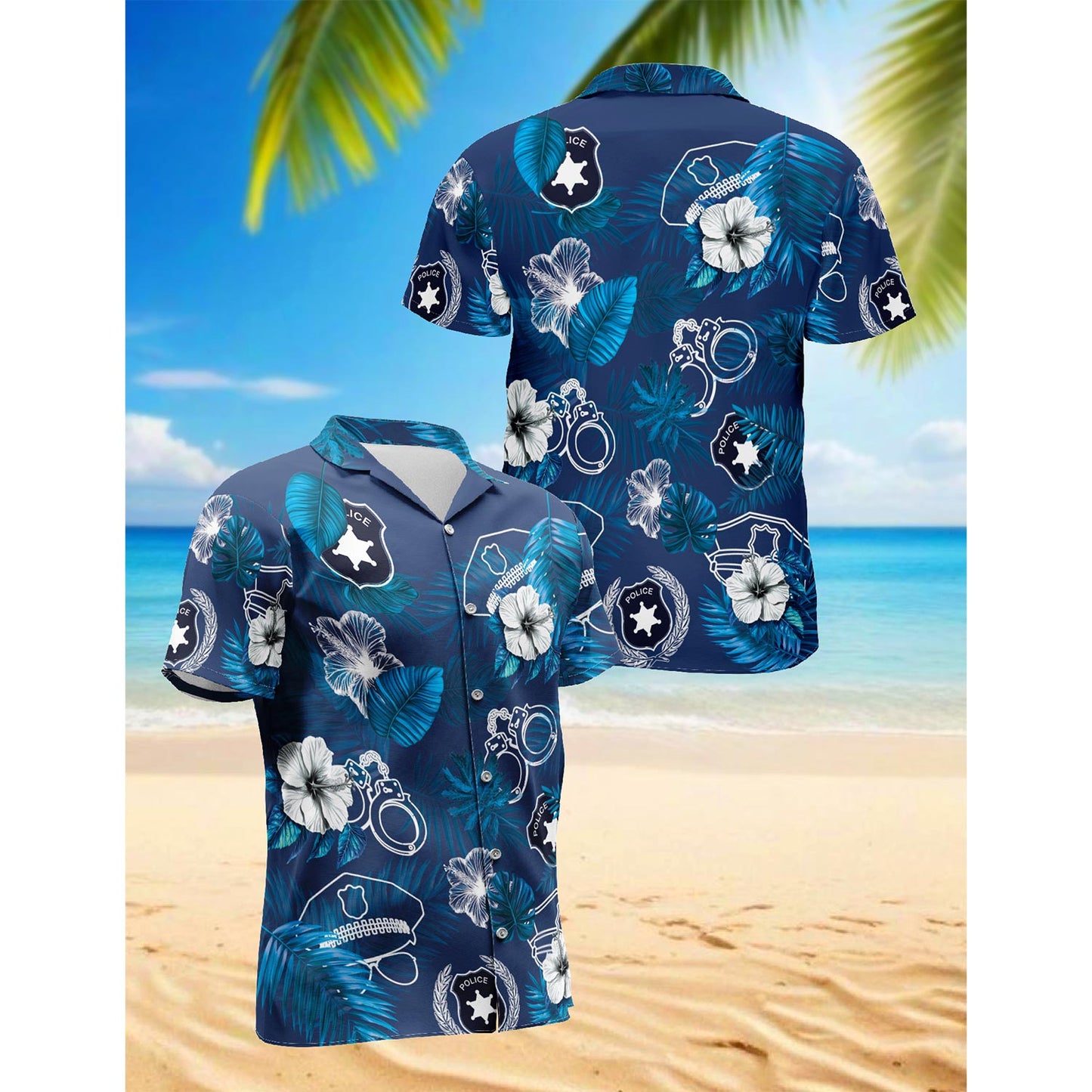 Netecom Police Back The Blue Hawaiian Shirt for Men, Button Down Summer Beach Short Sleeve, Tropical Style, Sizes S-5XL