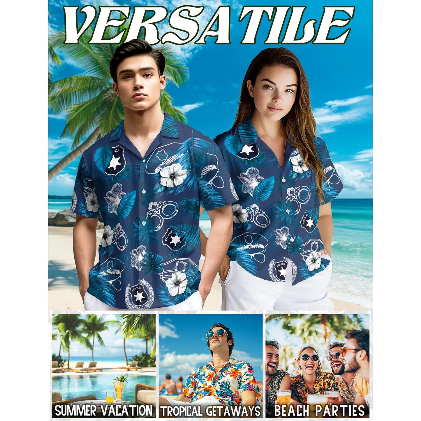 Netecom Police Back The Blue Hawaiian Shirt for Men, Button Down Summer Beach Short Sleeve, Tropical Style, Sizes S-5XL