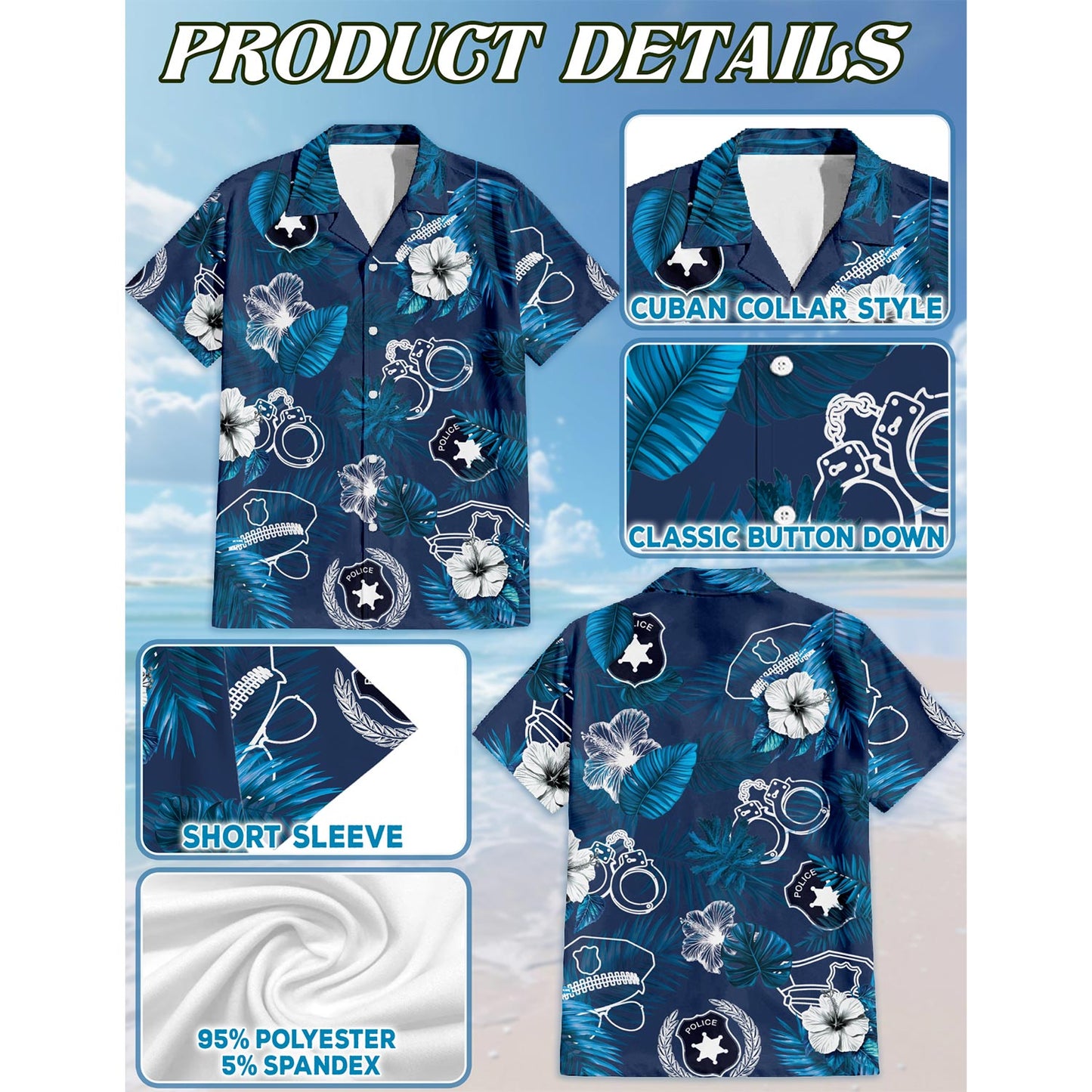 Netecom Police Back The Blue Hawaiian Shirt for Men, Button Down Summer Beach Short Sleeve, Tropical Style, Sizes S-5XL