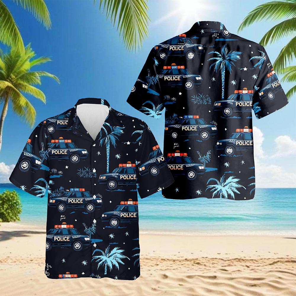 Netecom Police Cars Seamless Pattern Hawaiian Shirt for Men, Button Down Summer Beach Short Sleeve, Tropical Style, S-5XL