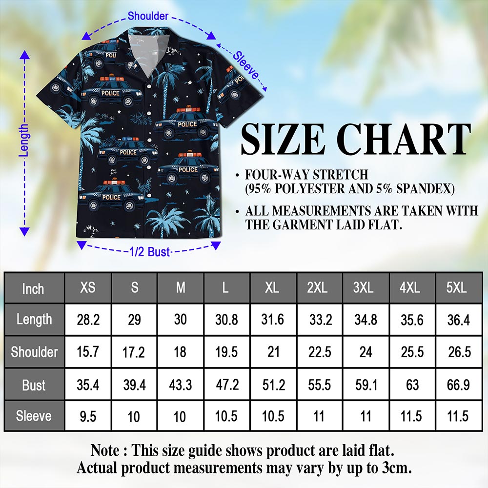 Netecom Police Cars Seamless Pattern Hawaiian Shirt for Men, Button Down Summer Beach Short Sleeve, Tropical Style, S-5XL