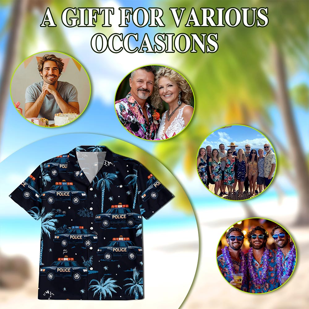 Netecom Police Cars Seamless Pattern Hawaiian Shirt for Men, Button Down Summer Beach Short Sleeve, Tropical Style, S-5XL