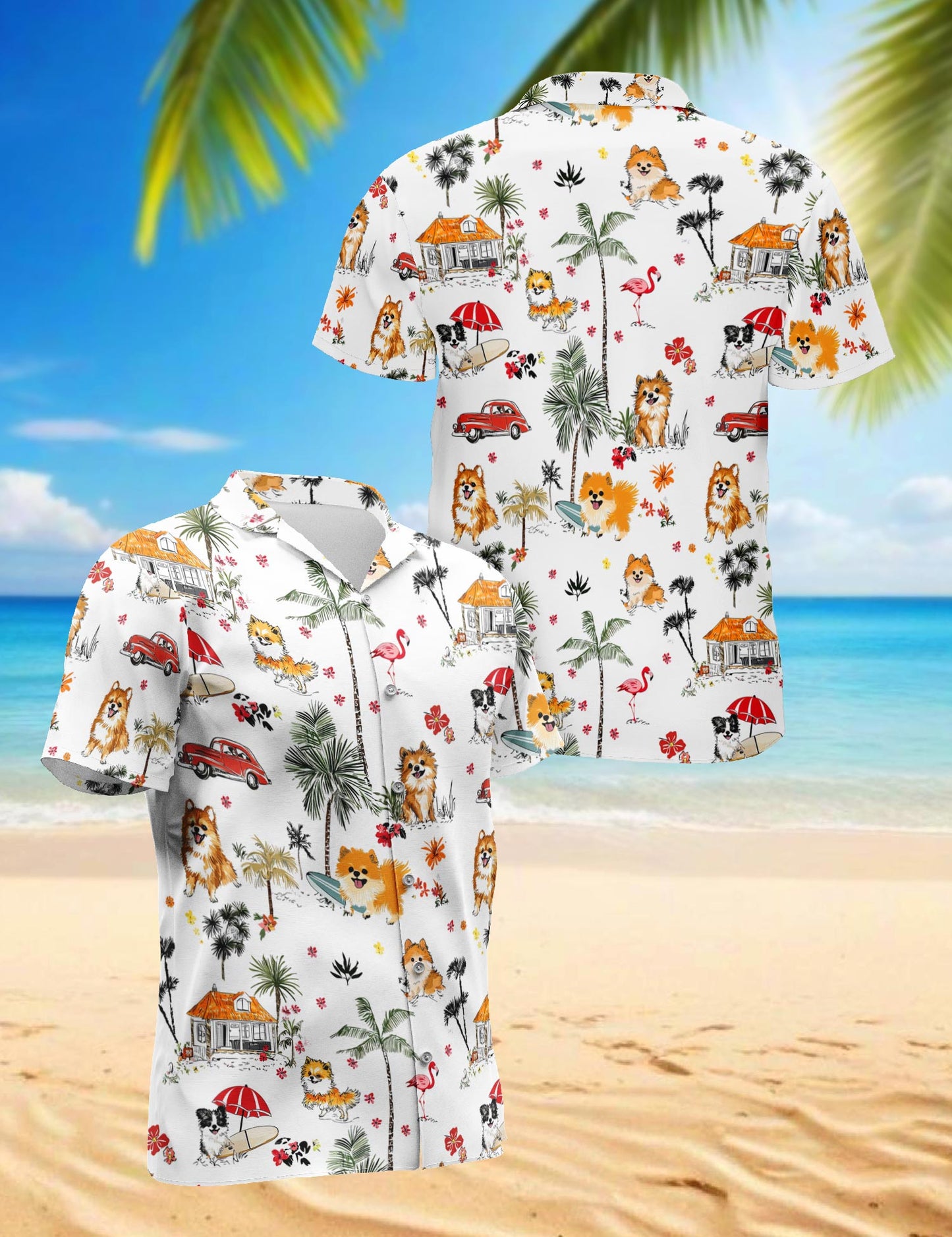 Netecom Pomeranian Hawaiian Shirt for Men, Tropical Style, Button Down Summer Beach Short Sleeve, S-5XL