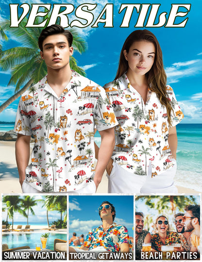 Netecom Pomeranian Hawaiian Shirt for Men, Tropical Style, Button Down Summer Beach Short Sleeve, S-5XL