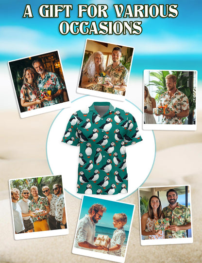 Netecom Puffin Birds Pattern Hawaiian Shirt for Men, Vintage Style, Button Down Summer Beach Short Sleeve, S-5XL