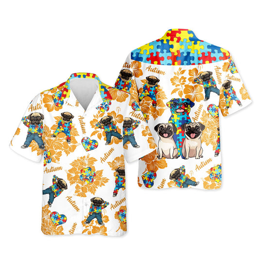 Netecom Pug Autism Hawaiian Shirt for Men, Button Down Summer Beach Short Sleeve, Tropical Style, Sizes S-5XL