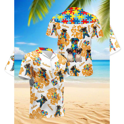 Netecom Pug Autism Hawaiian Shirt for Men, Button Down Summer Beach Short Sleeve, Tropical Style, Sizes S-5XL