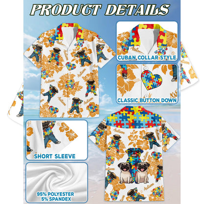 Netecom Pug Autism Hawaiian Shirt for Men, Button Down Summer Beach Short Sleeve, Tropical Style, Sizes S-5XL