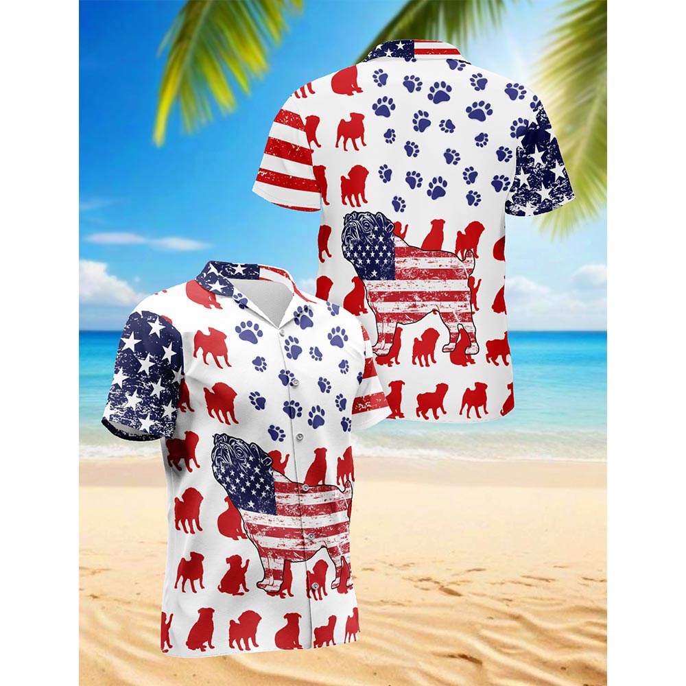 Netecom Pug Flag Hawaiian Shirt for Men, Button Down Summer Beach Short Sleeve, Pug Lover Gifts, S-5XL