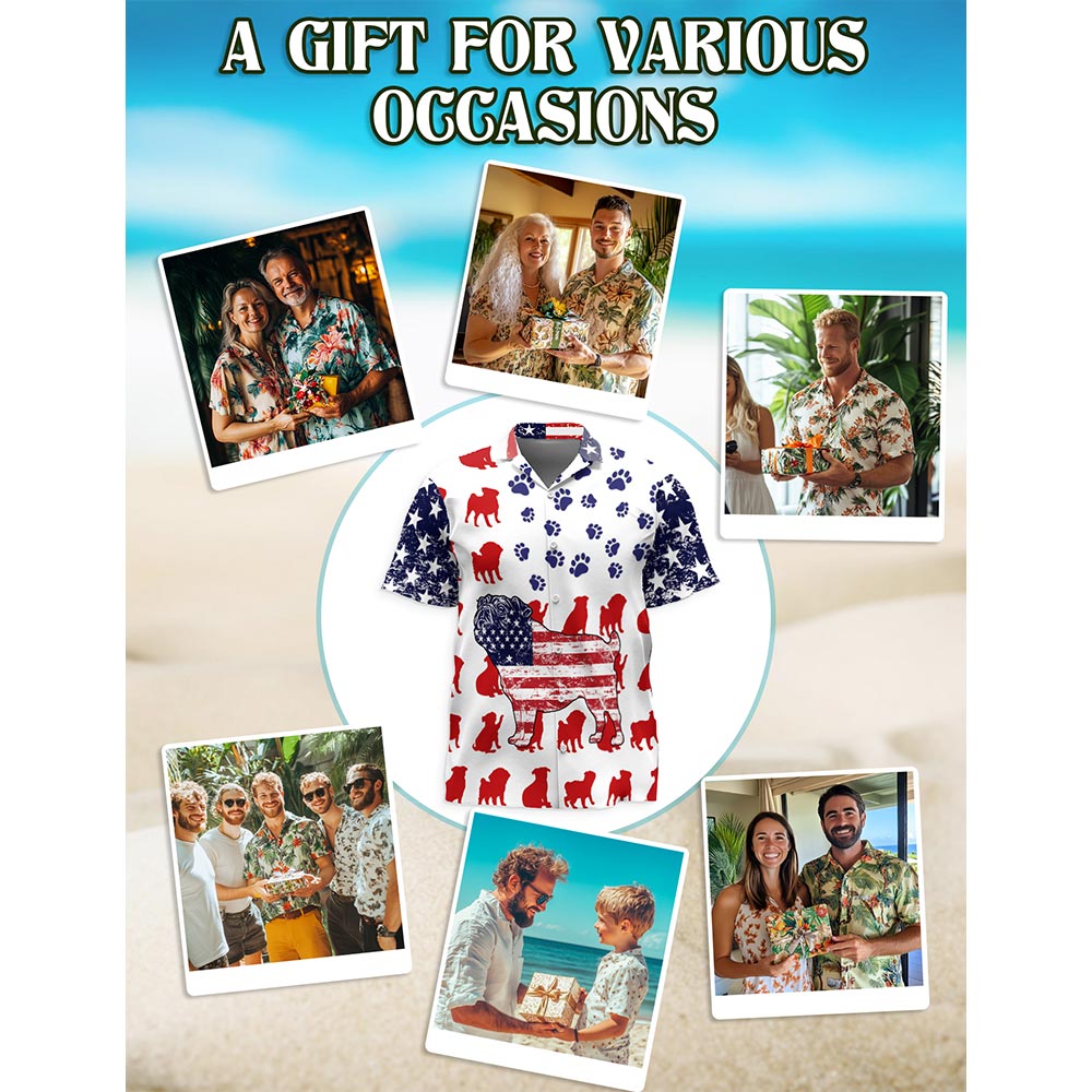 Netecom Pug Flag Hawaiian Shirt for Men, Button Down Summer Beach Short Sleeve, Pug Lover Gifts, S-5XL