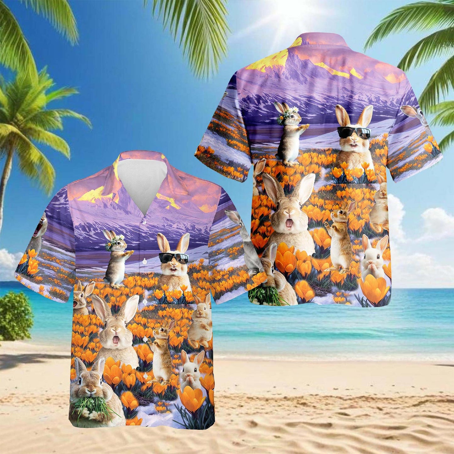 Netecom Rabbits In The Snow Hawaiian Shirt for Men, Bunny Lovers Gift, Button Down Summer Beach Short Sleeve, S-5XL