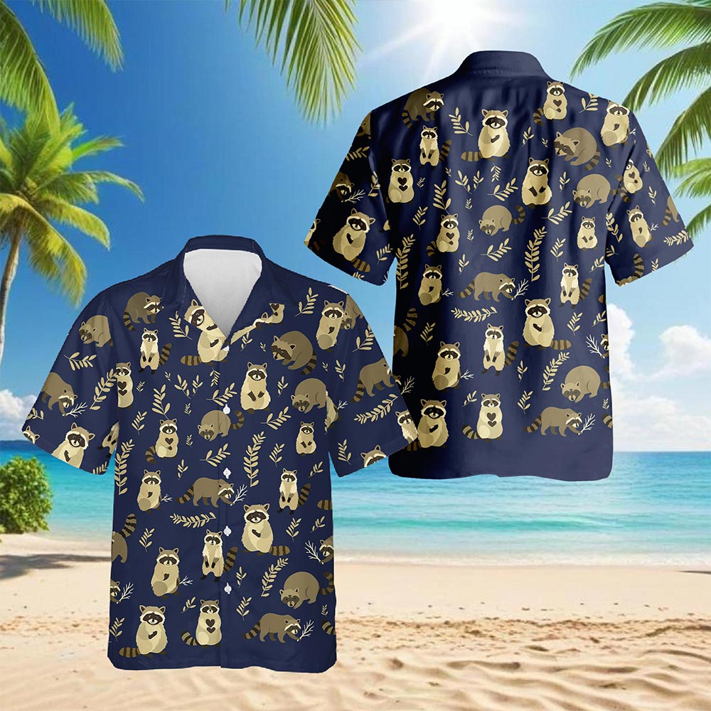 Netecom Raccoon Pattern Hawaiian Shirt for Men, Vintage Style, Button Down Summer Beach Short Sleeve, S-5XL