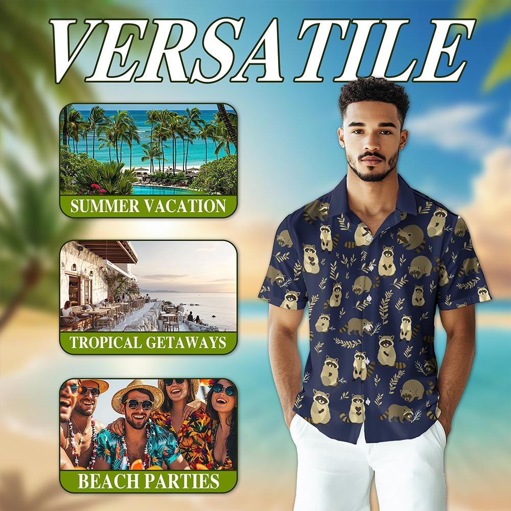 Netecom Raccoon Pattern Hawaiian Shirt for Men, Vintage Style, Button Down Summer Beach Short Sleeve, S-5XL