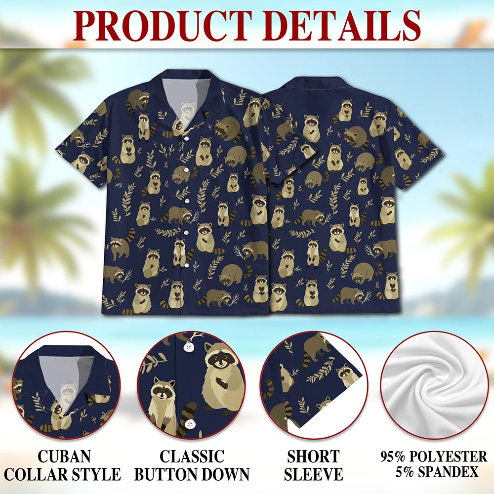 Netecom Raccoon Pattern Hawaiian Shirt for Men, Vintage Style, Button Down Summer Beach Short Sleeve, S-5XL