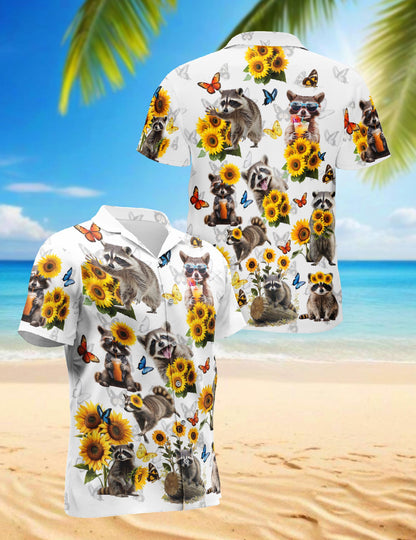 Netecom Raccoon Sunflower Hawaiian Shirt for Men, Vintage Style, Button Down Summer Beach Short Sleeve, S-5XL
