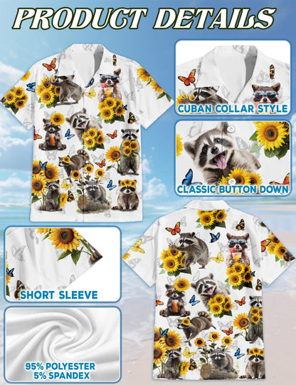 Netecom Raccoon Sunflower Hawaiian Shirt for Men, Vintage Style, Button Down Summer Beach Short Sleeve, S-5XL