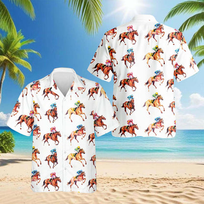 Netecom Racehorses Pattern Hawaiian Shirt for Men, Retro Style, Button Down Summer Beach Short Sleeve, S-5XL