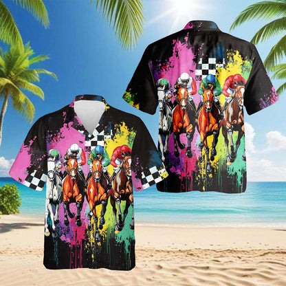 Netecom Racing Horse Hawaiian Shirt for Men, Button Down Summer Beach Short Sleeve, S-5XL