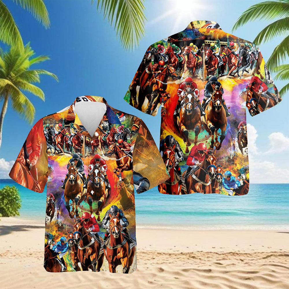 Netecom Racing Horse Hawaiian Shirt for Men, Western Tropical Style, Button Down Summer Beach Short Sleeve, S-5XL