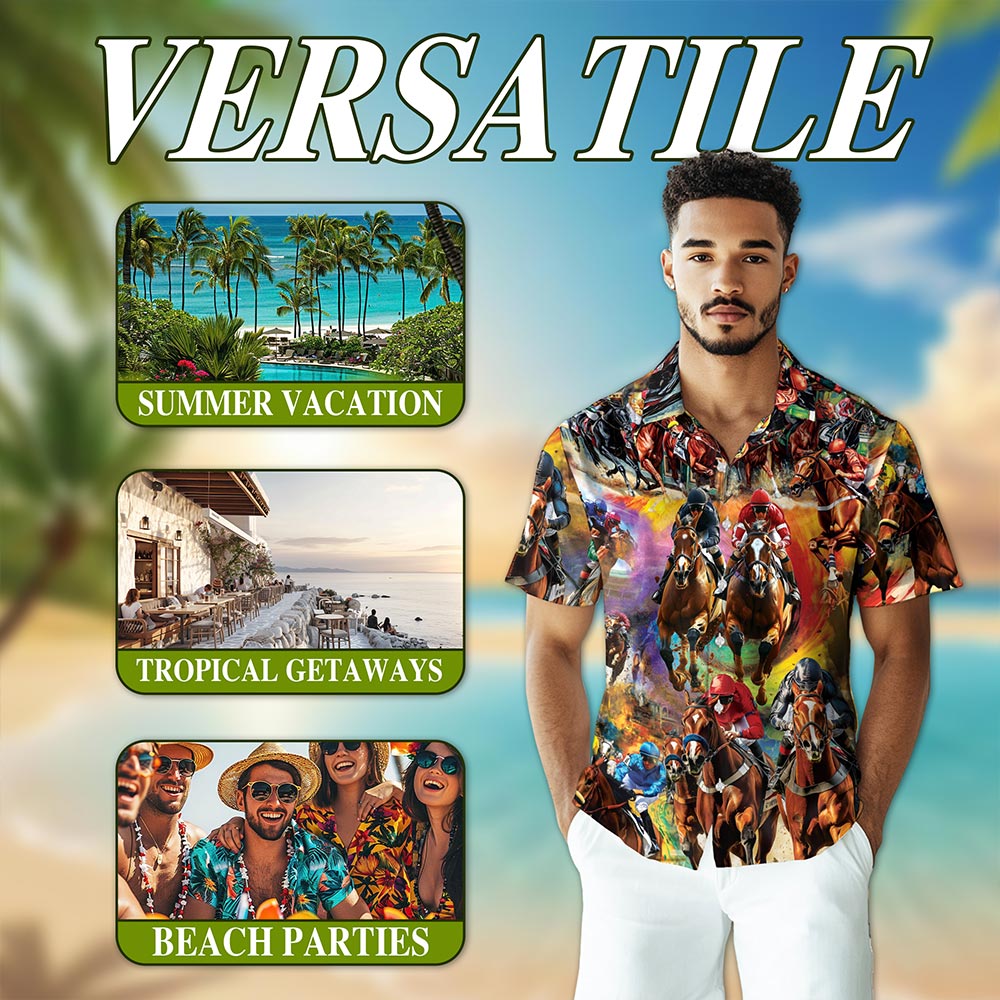 Netecom Racing Horse Hawaiian Shirt for Men, Western Tropical Style, Button Down Summer Beach Short Sleeve, S-5XL