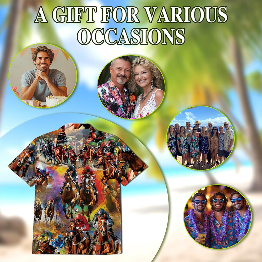 Netecom Racing Horse Hawaiian Shirt for Men, Western Tropical Style, Button Down Summer Beach Short Sleeve, S-5XL