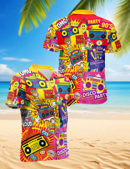 Netecom Radio Music Pop Art Hawaiian Shirt for Men, Retro Style, Button Down Summer Beach Short Sleeve, S-5XL