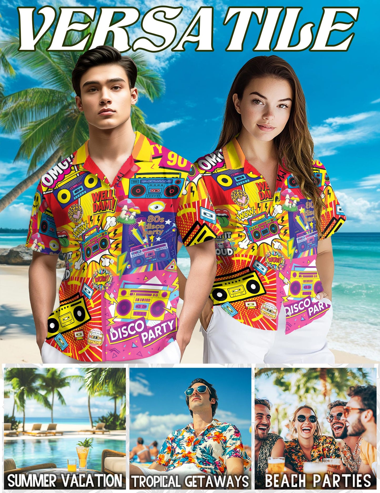 Netecom Radio Music Pop Art Hawaiian Shirt for Men, Retro Style, Button Down Summer Beach Short Sleeve, S-5XL