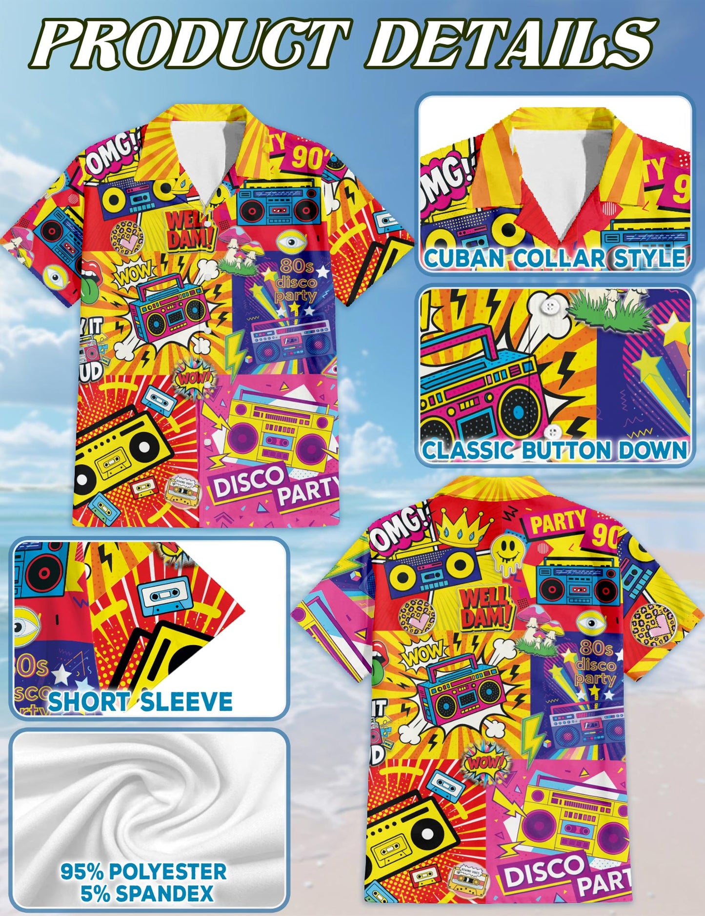 Netecom Radio Music Pop Art Hawaiian Shirt for Men, Retro Style, Button Down Summer Beach Short Sleeve, S-5XL