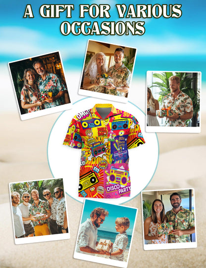 Netecom Radio Music Pop Art Hawaiian Shirt for Men, Retro Style, Button Down Summer Beach Short Sleeve, S-5XL