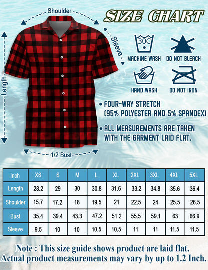 Netecom Red And Black Buffalo Plaid Hawaiian Shirt for Men, Button Down Summer Beach Short Sleeve, S-5XL