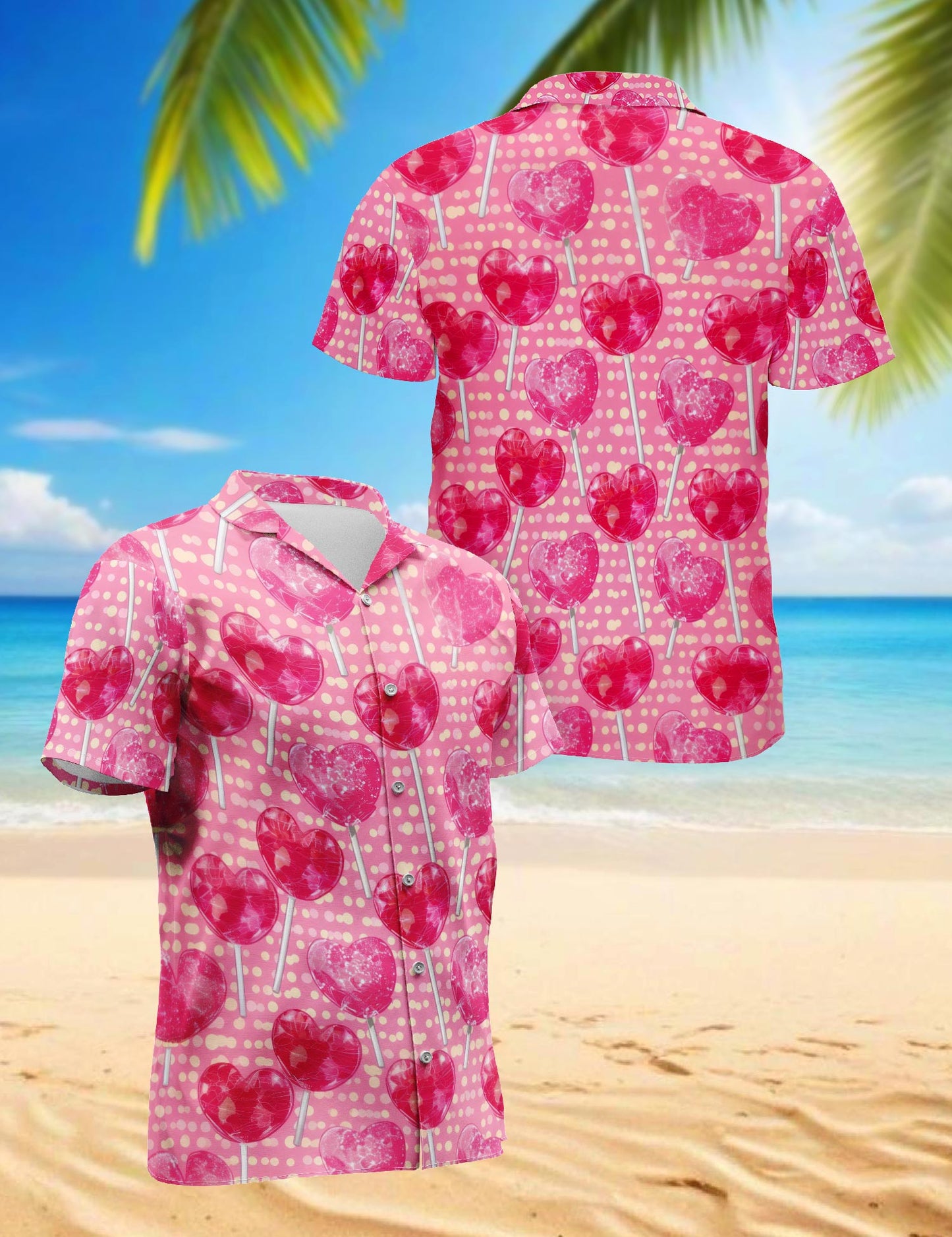 Netecom Red Heart Pattern Hawaiian Shirt for Men, Retro Style, Button Down Summer Beach Short Sleeve, S-5XL