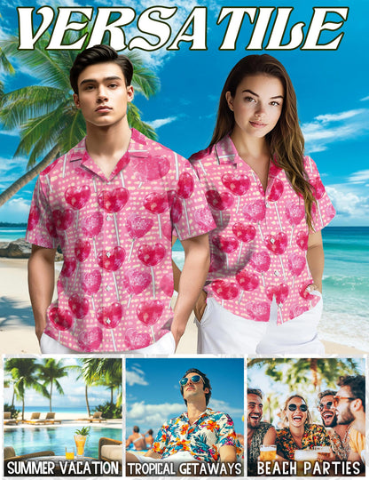 Netecom Red Heart Pattern Hawaiian Shirt for Men, Retro Style, Button Down Summer Beach Short Sleeve, S-5XL