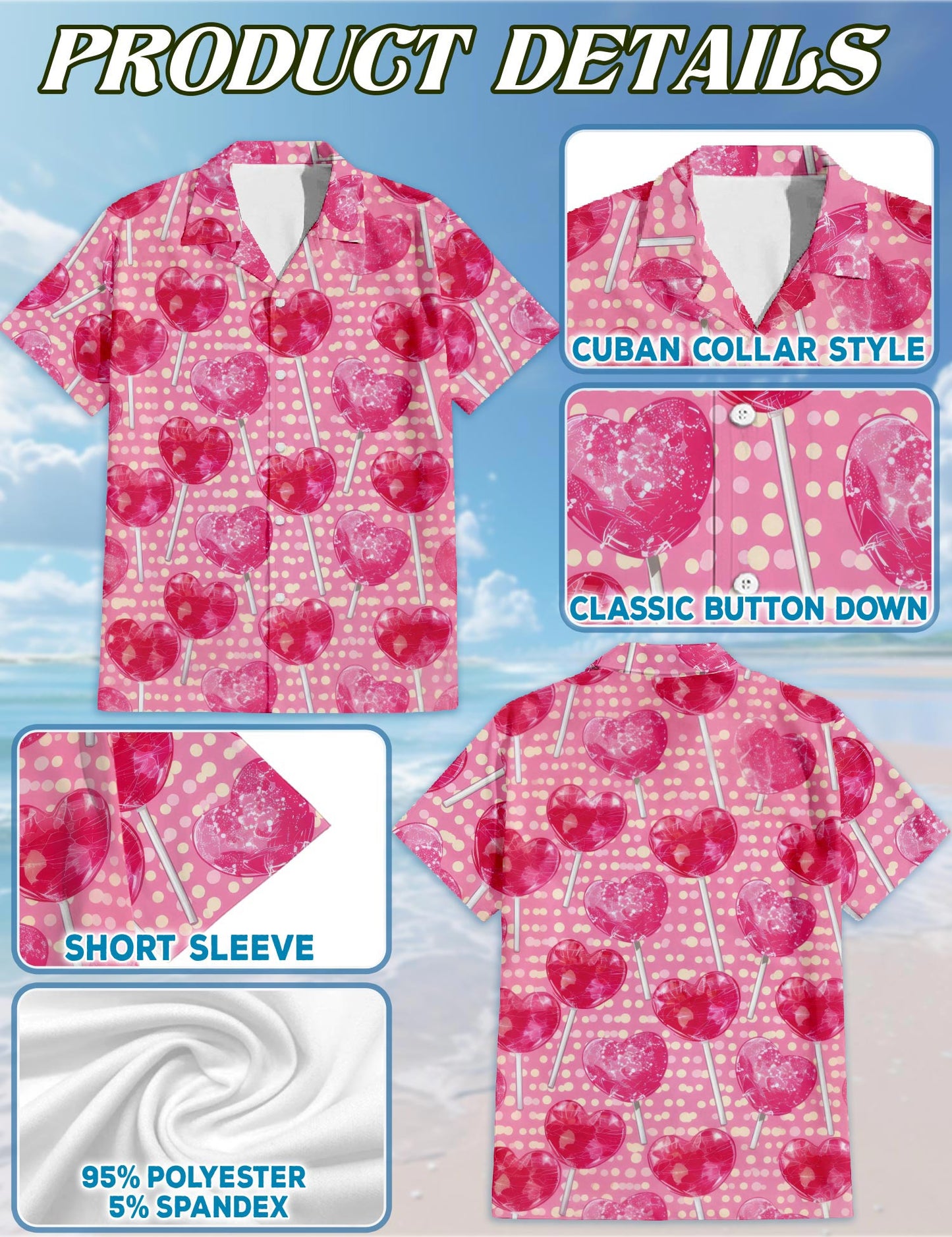 Netecom Red Heart Pattern Hawaiian Shirt for Men, Retro Style, Button Down Summer Beach Short Sleeve, S-5XL