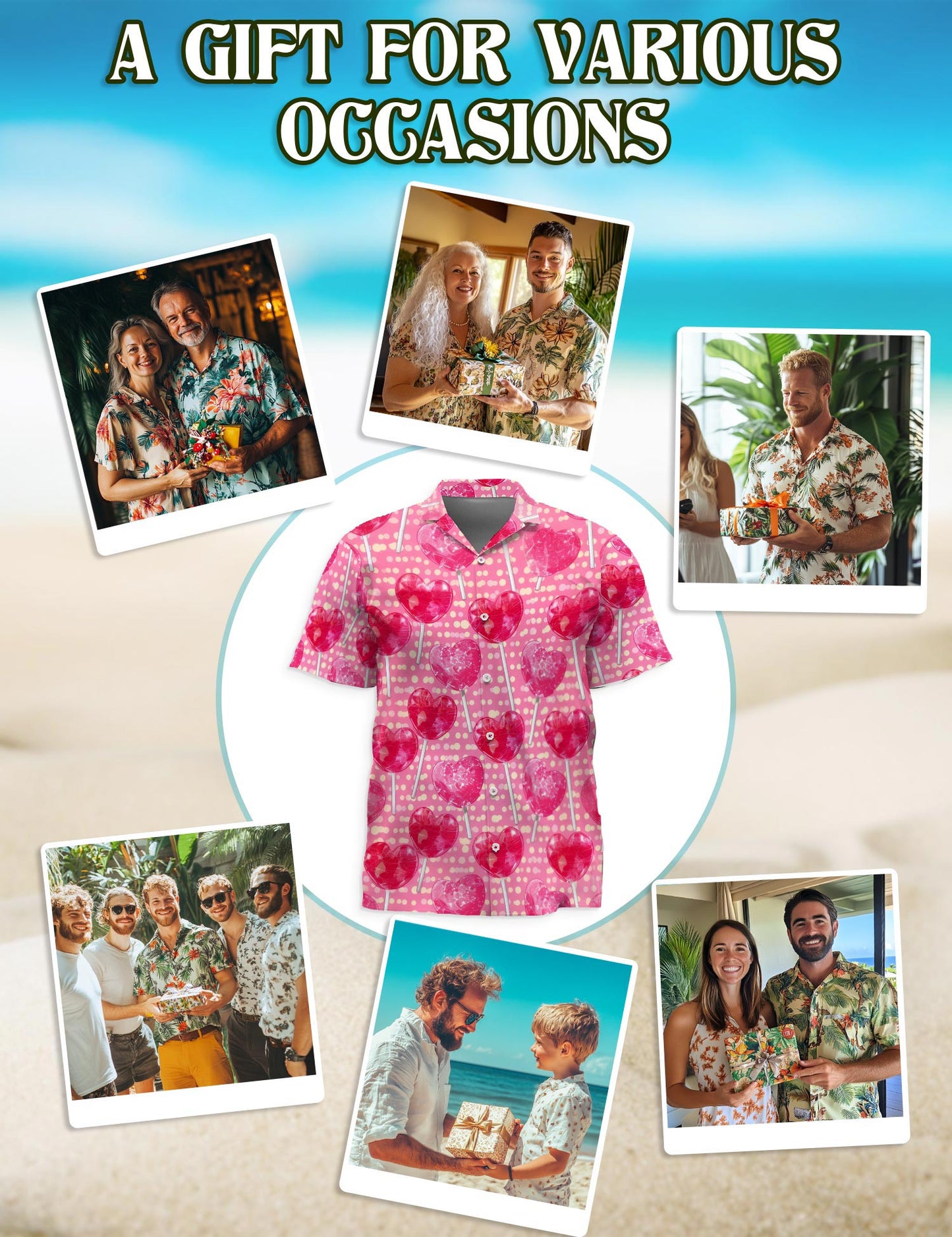 Netecom Red Heart Pattern Hawaiian Shirt for Men, Retro Style, Button Down Summer Beach Short Sleeve, S-5XL