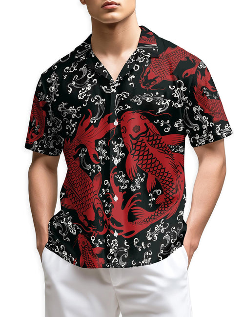 Netecom Red Koi Fish Hawaiian Shirt for Men, Vintage Japanese Koi Fish Button Down Summer Beach Short Sleeve Shirts, S-5XL