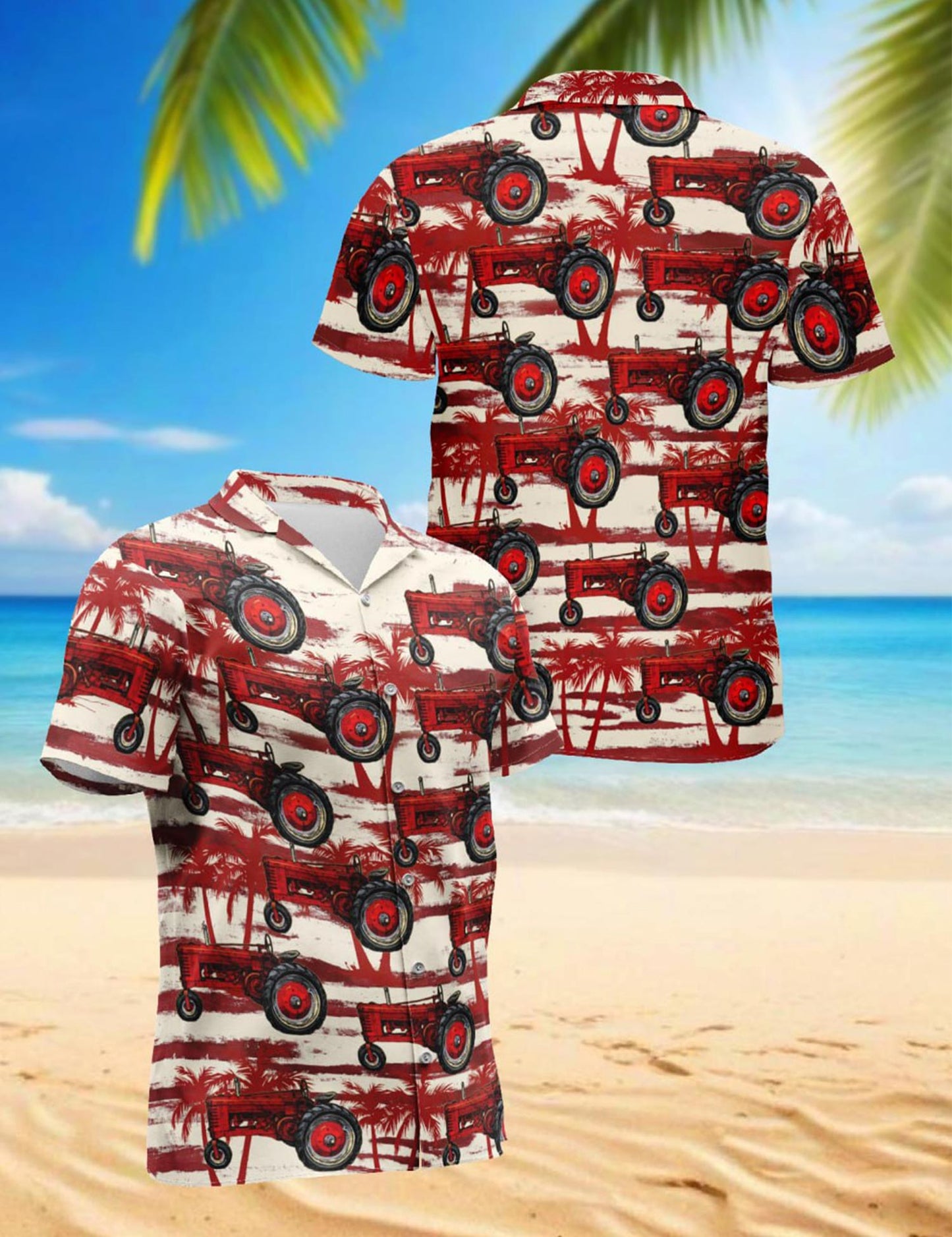 Netecom Red Tractor Hawaiian Shirt for Men, Tropical Style, Button Down Summer Beach Short Sleeve, S-5XL
